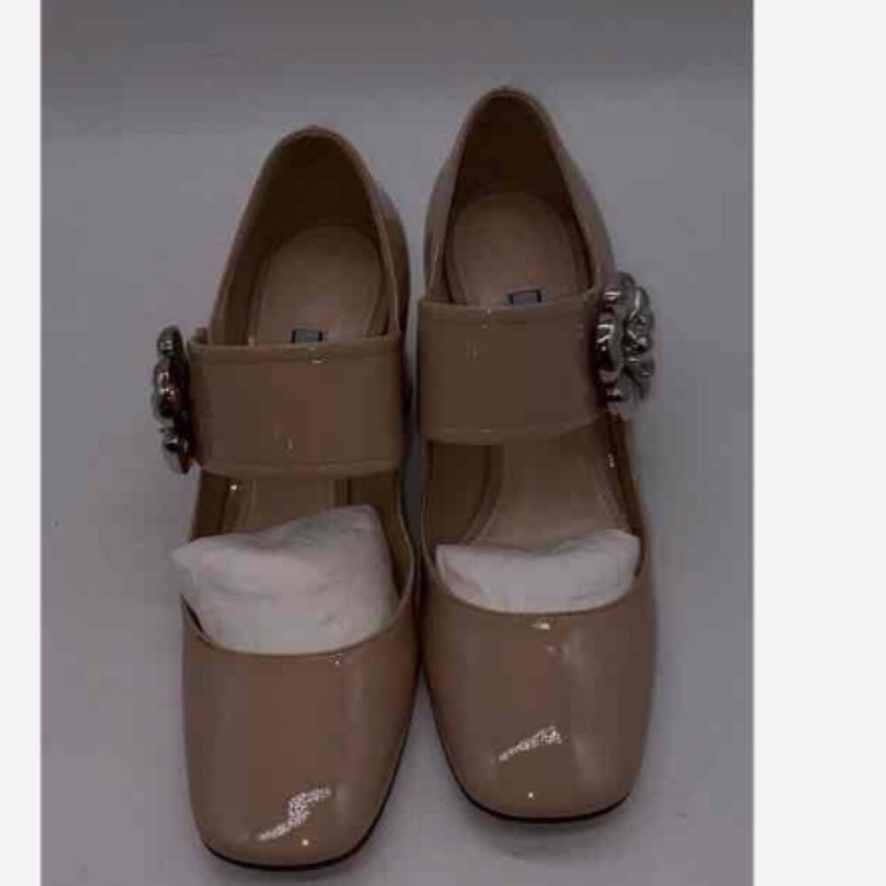 PRADA Flower Embellished Beige/Tan Patent Leather Mary Jane Size 34